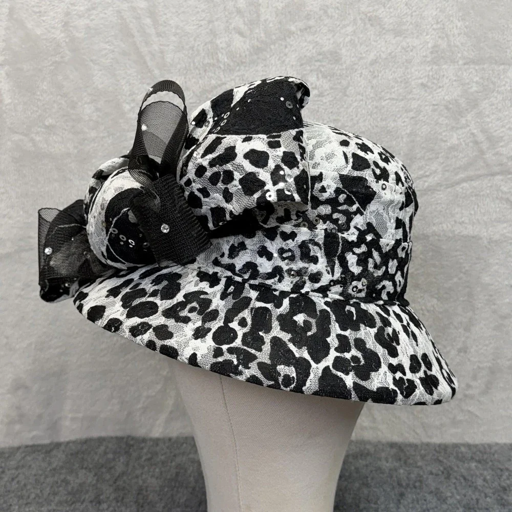 NIGHT STUDIO Hat Cloche Womens Church Kentucky Derby Black Animal‎ Print Sequin